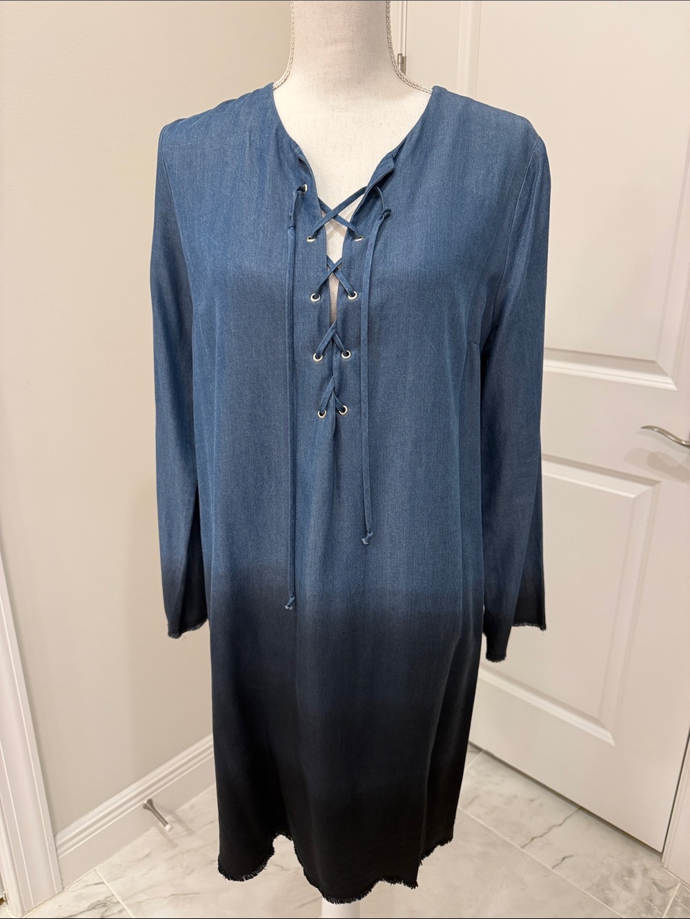 Fifteen Twenty Blue to Black Ombre Lace-Up Shirtdress